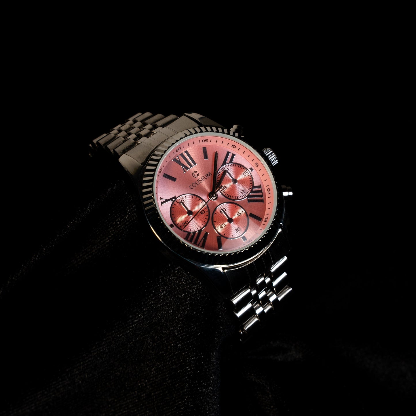 Pembe Kadranlı Çok Göstergeli Metal Kordon Erkek Saat