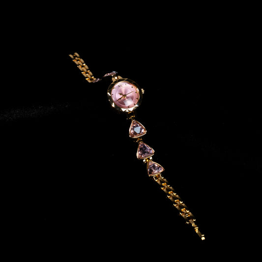 Pembe Kadranlı Taş Detaylı Kadın Saat