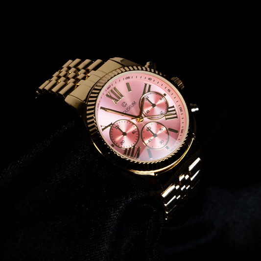 Pembe Kadranlı Çok Göstergeli Altın Tonlu Kadın Saat